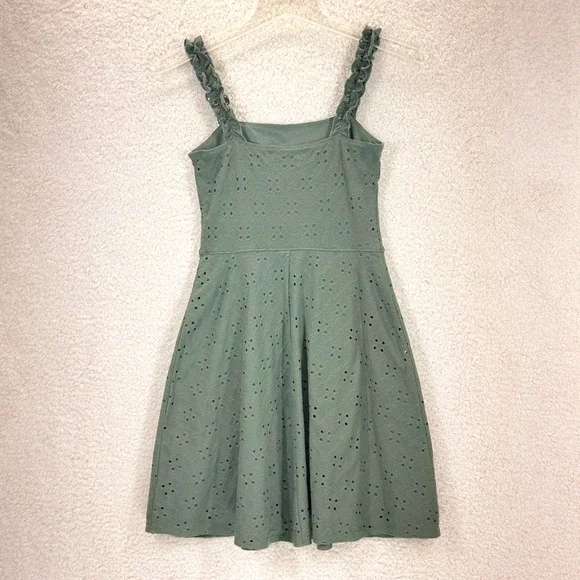 Hollister Eyelet Mini Dress Green XS Square Neck Ruffled Shoulder Straps Summer - Picture 2 of 10